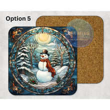Load image into Gallery viewer, Snowman stained glass effect winter Christmas coasters, home and garden decor, letter box gift, mdf coasters, 8 patterns, Secret Santa gift