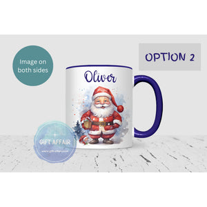 Personalised Santa mug, 11oz navy handle Christmas mug for hot drinks, Secret Santa gift, keepsake, 6 patterns