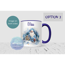 Load image into Gallery viewer, Personalised Santa mug, 11oz navy handle Christmas mug for hot drinks, Secret Santa gift, keepsake, 6 patterns