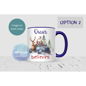 Personalised Believe in Santa mug, 11oz navy handle Christmas mug for hot drinks, Secret Santa gift, keepsake, 8 patterns