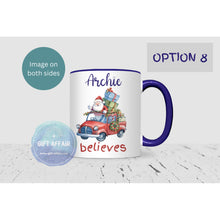 Load image into Gallery viewer, Personalised Believe in Santa mug, 11oz navy handle Christmas mug for hot drinks, Secret Santa gift, keepsake, 8 patterns