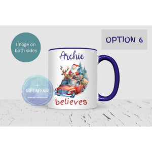 Personalised Believe in Santa mug, 11oz navy handle Christmas mug for hot drinks, Secret Santa gift, keepsake, 8 patterns