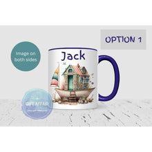 Load image into Gallery viewer, 11oz navy blue handle personalised beach hut mug