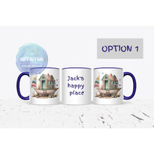 Load image into Gallery viewer, 11oz personalised Happy place beach mug withblue handle andprint on both sides