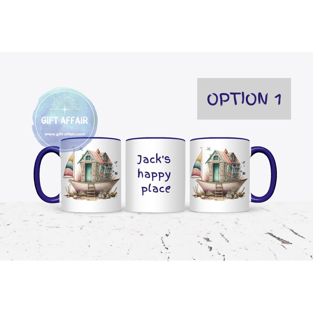11oz personalised Happy place beach mug withblue handle andprint on both sides
