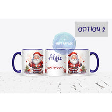 Load image into Gallery viewer, Personalised Santa coffe tea mug, 11oz navy handle Christmas mug for hot chocolate, Secret Santa gift, keepsake, 2 patterns