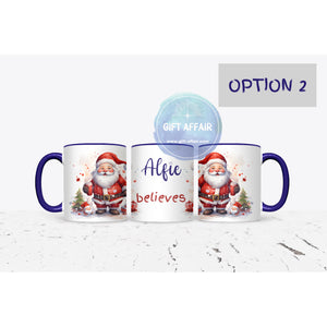 Personalised Santa coffe tea mug, 11oz navy handle Christmas mug for hot chocolate, Secret Santa gift, keepsake, 2 patterns