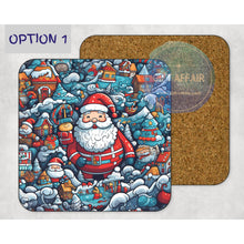 Load image into Gallery viewer, Christmas doodles coasters made from mdf featuring Santa, snowmen and winter town; glossy top coasters; Christmas tableware, decor; perfect secret Santa gift.