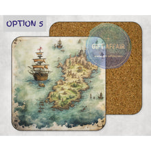 Load image into Gallery viewer, Vintage pirate map and ships coasters, home and garden decor, letter box gift, mdf coasters, 6 patterns, sea ship ocean adventure fan gift