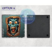 Load image into Gallery viewer, Zombie coasters, Halloween home and garden decor, letter box gift, mdf coasters, 6 patterns, scary coasters, Halloween fan gift
