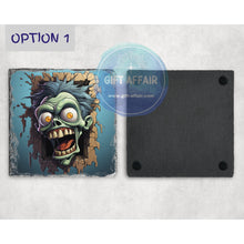 Load image into Gallery viewer, Zombie braking through the wall on a natural slatecoaster; availbale in 6 patterns; Halloween tableware; gift for zombies and Halloween fans