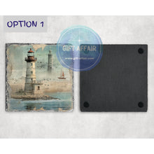 Load image into Gallery viewer, Vintage lighthouses coasters, tableware home and garden decor, letter box gift, slate coasters, 6 patterns, nautical coasters, sea fan gift