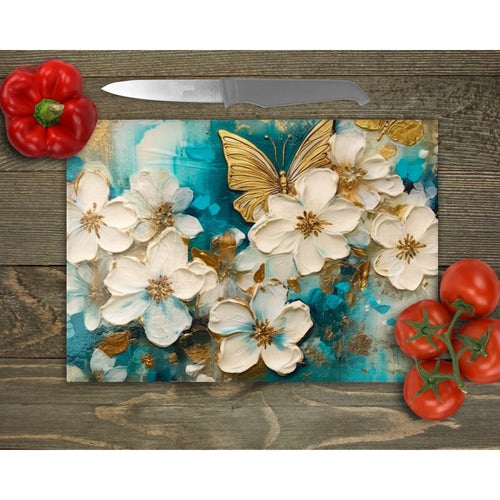 White flowers Glass Chopping Board, Glass Placemats, tableware decor, housewarming gift for mum, dad, worktop saver, floral board, placemat