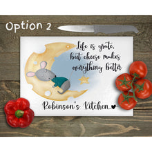 Load image into Gallery viewer, Glass Chopping Board personalised, Tempered Glass Placemats, outside dining, housewarming gift, worktop saver, cheese cutting board