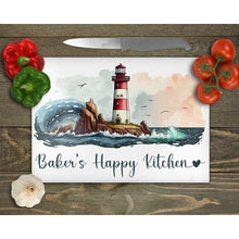 Load image into Gallery viewer, Lighthouse Glass Chopping Board Personalised, outside dining, housewarming gift, worktop saver, sea lover home decor gift, nautical design