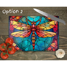 Load image into Gallery viewer, Dragonfly Tempered Glass Chopping Board, Glass Placemats, outside dining, housewarming gift, worktop saver, stained glass image, 3 options