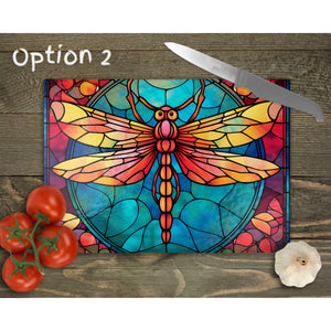 Dragonfly Tempered Glass Chopping Board, Glass Placemats, outside dining, housewarming gift, worktop saver, stained glass image, 3 options