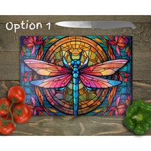 Load image into Gallery viewer, Dragonfly Tempered Glass Chopping Board, Glass Placemats, outside dining, housewarming gift, worktop saver, stained glass image, 3 options