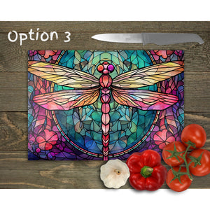 Dragonfly Tempered Glass Chopping Board, Glass Placemats, outside dining, housewarming gift, worktop saver, stained glass image, 3 options