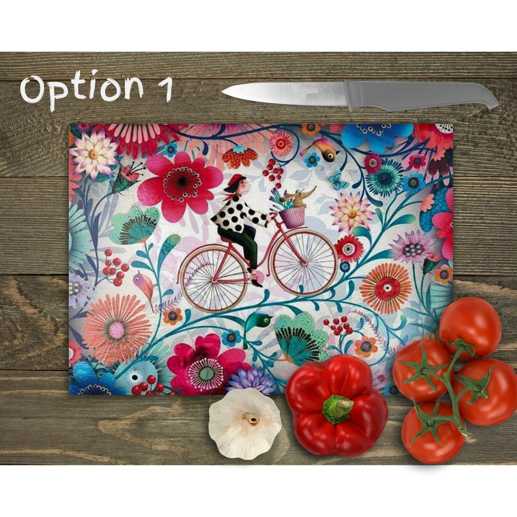 Girl on bicycle Glass Chopping Board, Glass Placemats, outside dining, housewarming gift, worktop saver, floral image, 2 options