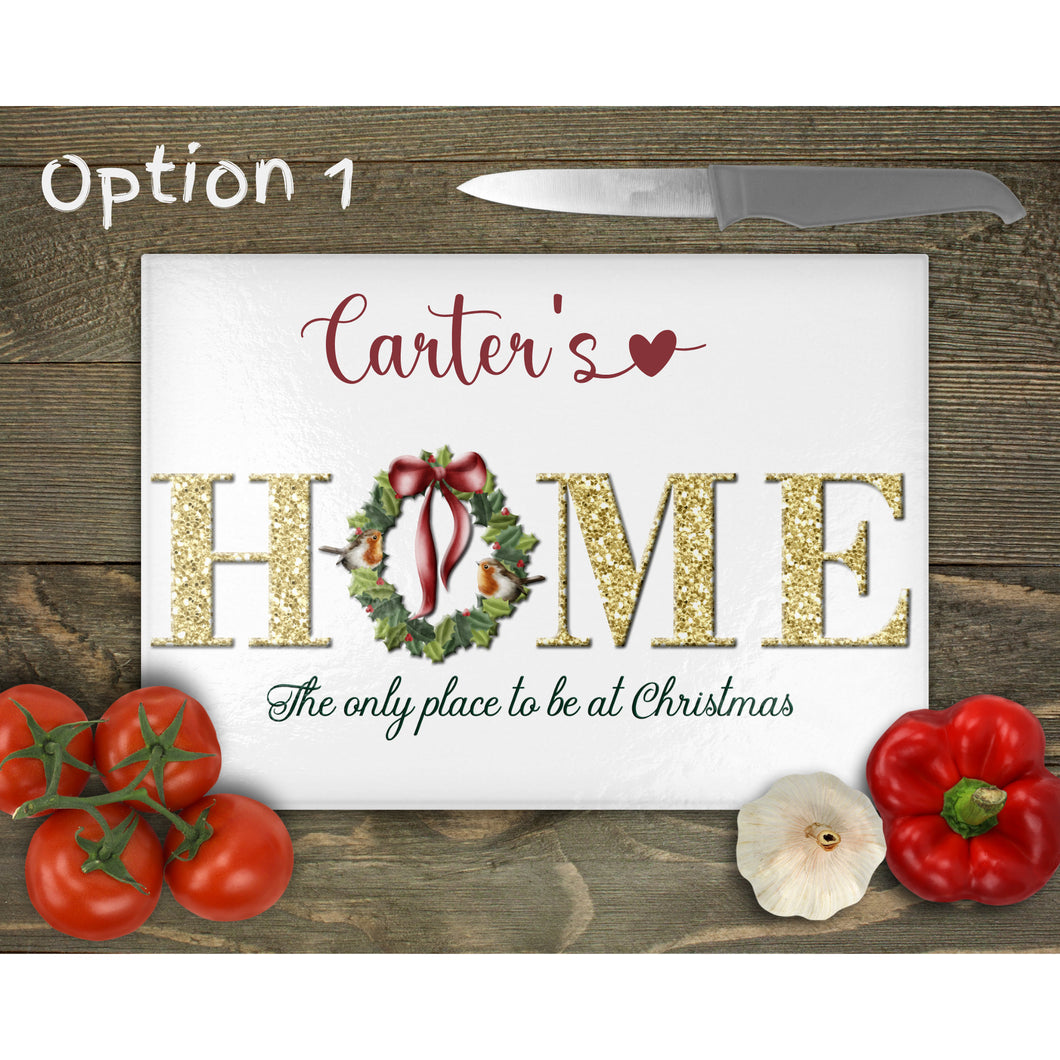 Christmas Home Glass Chopping Board personalised, Glass Placemats, outside dining, housewarming gift, worktop saver, floral image, 2 options