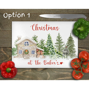 Christmas Personalised Glass Chopping Board, Glass Placemats, outside dining, housewarming gift, worktop saver, floral image, 4 options