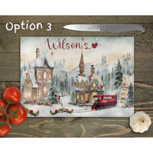 Load image into Gallery viewer, Vintage Christmas Personalised Glass Chopping Board, Glass Placemats, outside dining, housewarming festive gift, worktop saver, 4 options