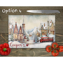 Load image into Gallery viewer, Vintage Christmas Personalised Glass Chopping Board, Glass Placemats, outside dining, housewarming festive gift, worktop saver, 4 options