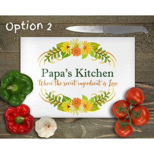 Glass Chopping Board Mama's Papa's Kitchen, Glass Placemats, tableware decor, housewarming gift for mum, dad, worktop saver, 4 options