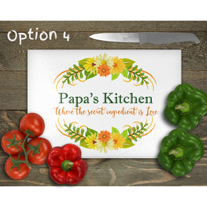 Glass Chopping Board Mama's Papa's Kitchen, Glass Placemats, tableware decor, housewarming gift for mum, dad, worktop saver, 4 options