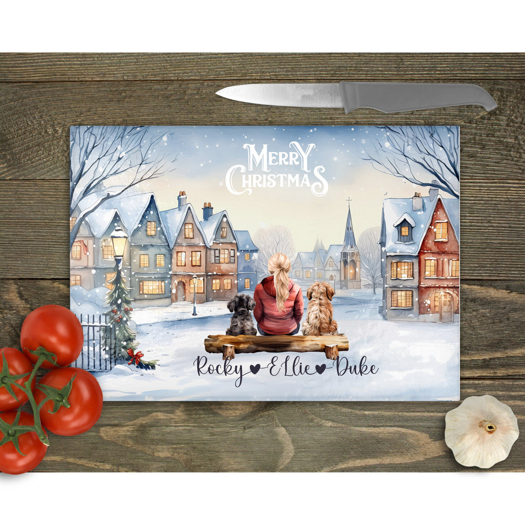 Personalised Family glass chopping board, Custom Family Gift, Winter Christmas Town Family Portrait with Pets Chritmas tableware gift