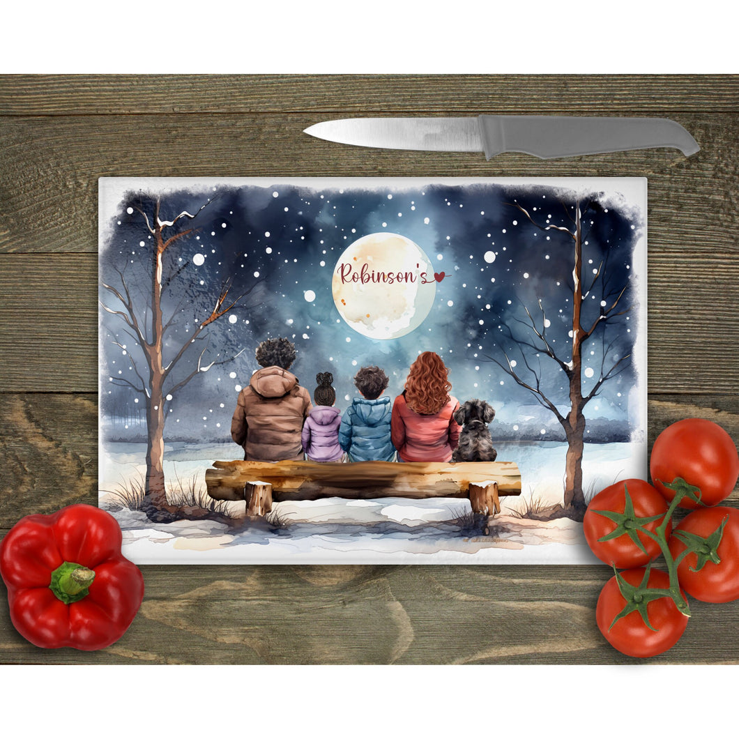 Personalised Family glass chopping board, Custom Family Gift, Silent Night Family Portrait with Pets Chritmas tableware gift