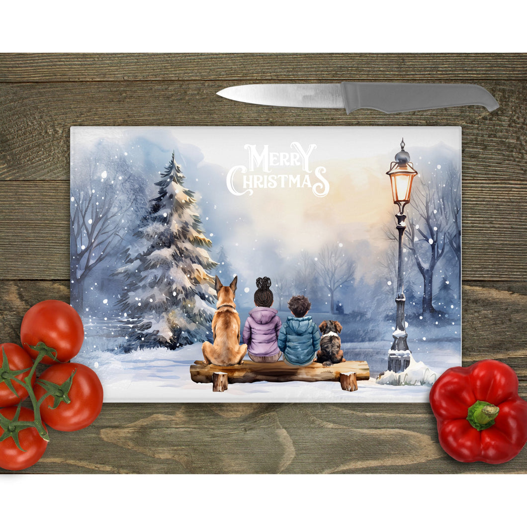 Personalised Family glass chopping board, Custom Family Gift, Let it snow Family Portrait with Pets, Chritmas tableware gift
