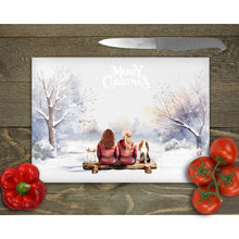 Load image into Gallery viewer, Personalised Family glass chopping board, Custom Family Gift, Winter Day Family Portrait with Pets, Chritmas tableware gift