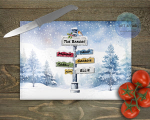 Personalised Christmas Family Sign Post glass chopping board, Custom Family Gift, Christmas family tree tableware gift, grandparents gift