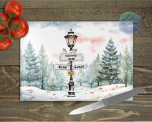 Load image into Gallery viewer, Personalised Christmas Family Sign Post glass chopping board, Custom Family Gift, Christmas family tree tableware gift, grandparents gift
