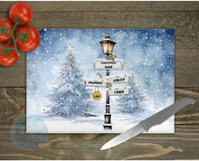 Load image into Gallery viewer, Personalised Christmas Family Sign Post glass chopping board, Custom Family Gift, Christmas family tree tableware gift, grandparents gift