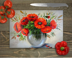 Poppy Tempered Glass Chopping Board, Glass Placemats, outside dining, New home gift, worktop saver, grandparents, mum, dad gift, 2 options