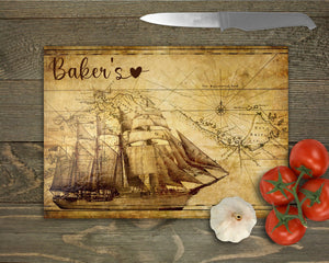 Vintage Ship Glass Chopping Board Personalised, Glass Placemats, outside dining, New home gift, worktop saver, grandparents, mum, dad gift