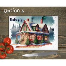 Load image into Gallery viewer, Festive House Glass Chopping Board, personalised tableware decor, housewarming festive gift, worktop saver, 4 options