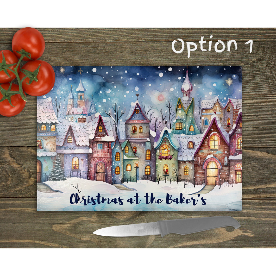 Christmas Snowy Town Glass Chopping Board, personalised tableware decor, housewarming festive gift, worktop saver, 4 options
