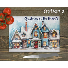 Load image into Gallery viewer, Christmas Snowy Town Glass Chopping Board, personalised tableware decor, housewarming festive gift, worktop saver, 4 options