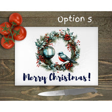 Load image into Gallery viewer, Christmas Wreath Glass Chopping Board, personalised tableware decor, housewarming festive gift, worktop saver, 4 options