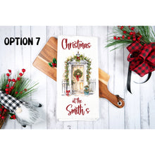 Load image into Gallery viewer, Christmas door tea towel, personalised kitchen waffle tea towel, Microfiber kitchen festive decoration for family, friends, colleagues