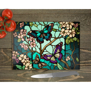 Butterflies Tempered Glass Chopping Board, Glass Placemats, outside dining, New home gift, worktop saver, stained glass image