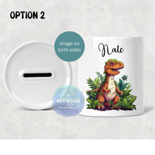 Load image into Gallery viewer, Personalised dinasour ceramic piggy bank, Ceramic money box, Birthday gift, dinasour lover gift