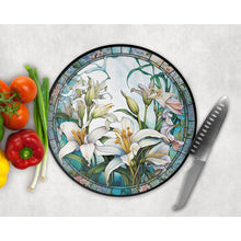 Load image into Gallery viewer, Chopping Board, Faux stained glass lily, tableware decor, housewarming gift, cheese board, placemat, gift for friends and family