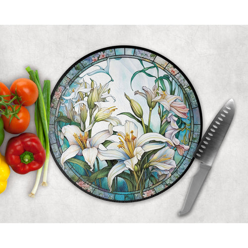 Chopping Board, Faux stained glass lily, tableware decor, housewarming gift, cheese board, placemat, gift for friends and family