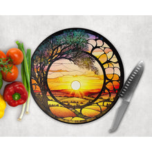 Load image into Gallery viewer, Chopping Board, Sunset faux stained glass, tableware decor, housewarming gift, round cheese board, placemat, gift for friends and family