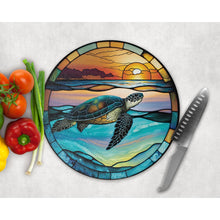 Load image into Gallery viewer, Chopping Board, Sea Turtle faux stained glass, tableware decor, housewarming gift, round cheese board, placemat, gift for friends and family